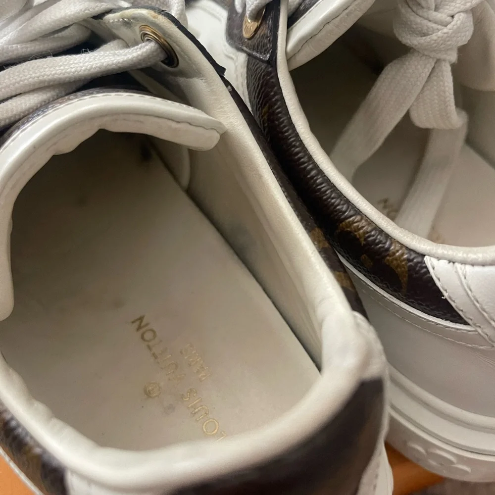 Louis Vuitton Time Out Sneakers White Cocoa Logo Heel  In Box Womens Sz 37/US7 - Picture 7 of 13